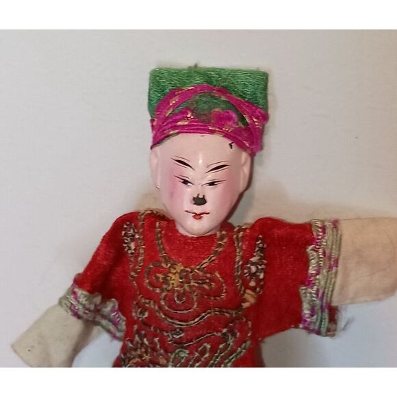 Antique Chinese Opera Doll Embroidered Silk Robe Dress Composition 5" Painted - Picture 2 of 7